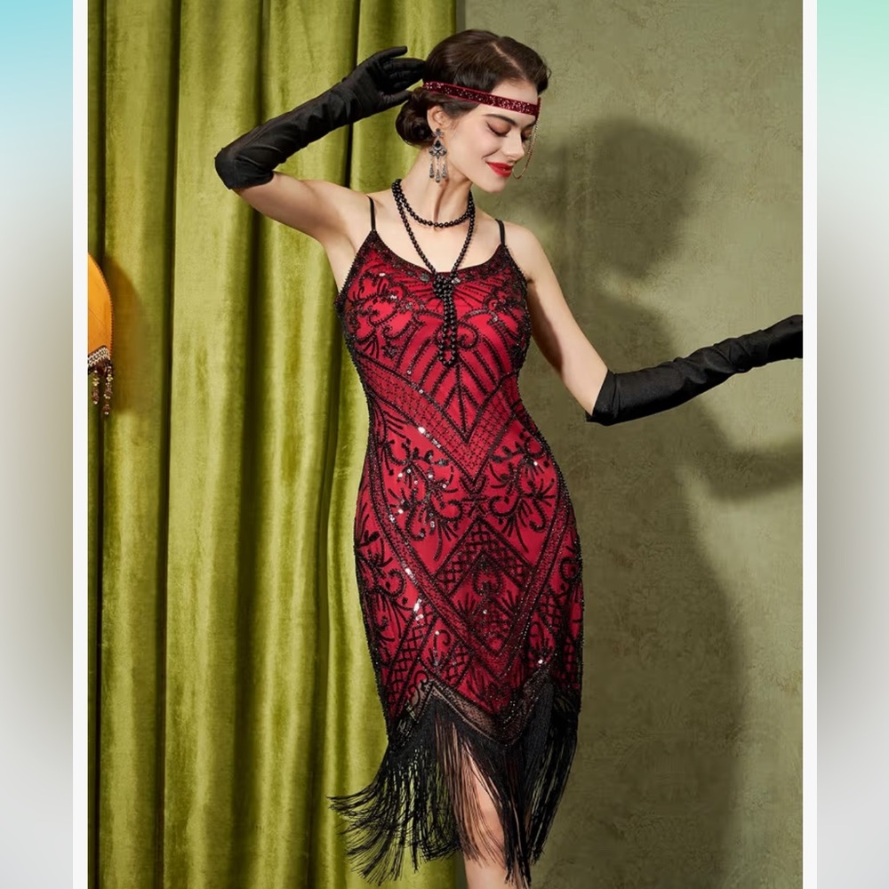 Red with black sequins Flapper dress.